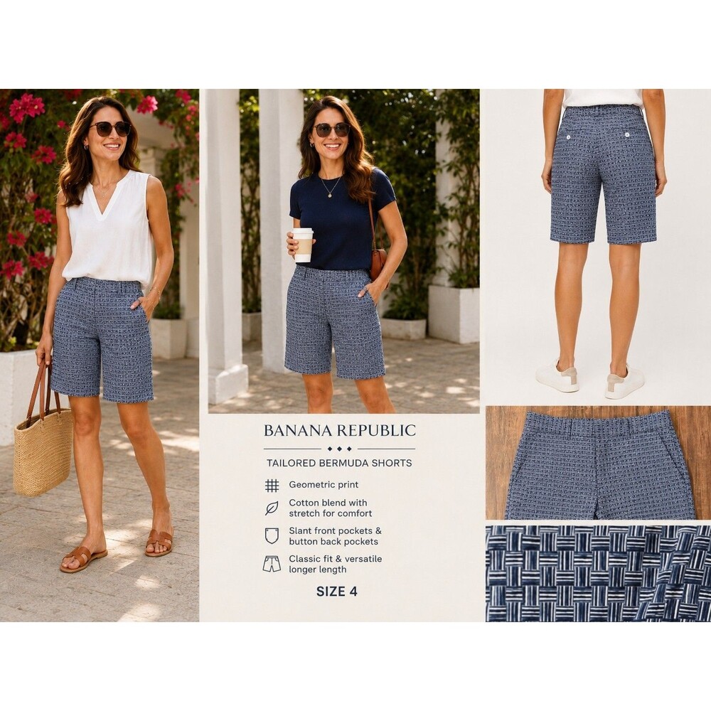 Banana Republic Women 4 Bermuda Shorts Cotton Blend Stretch Nautical Preppy Chic